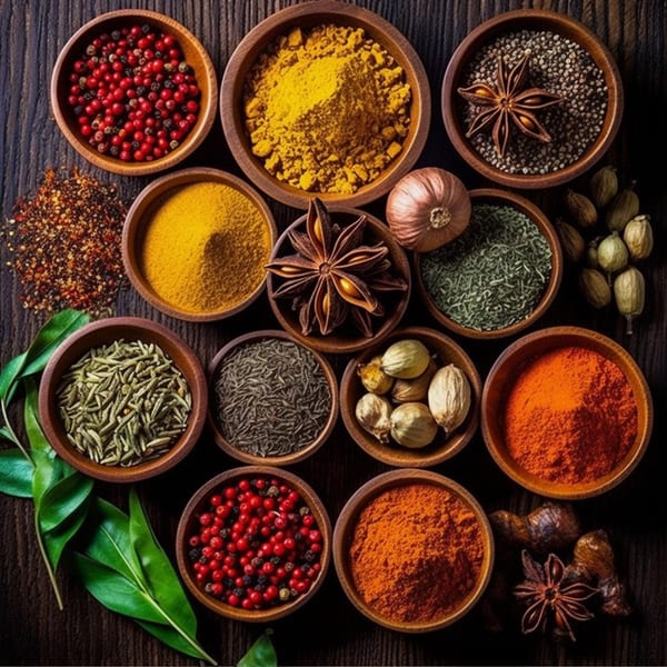 A top-down view of various Indian spices in small wooden bowls on a dark wooden surface.